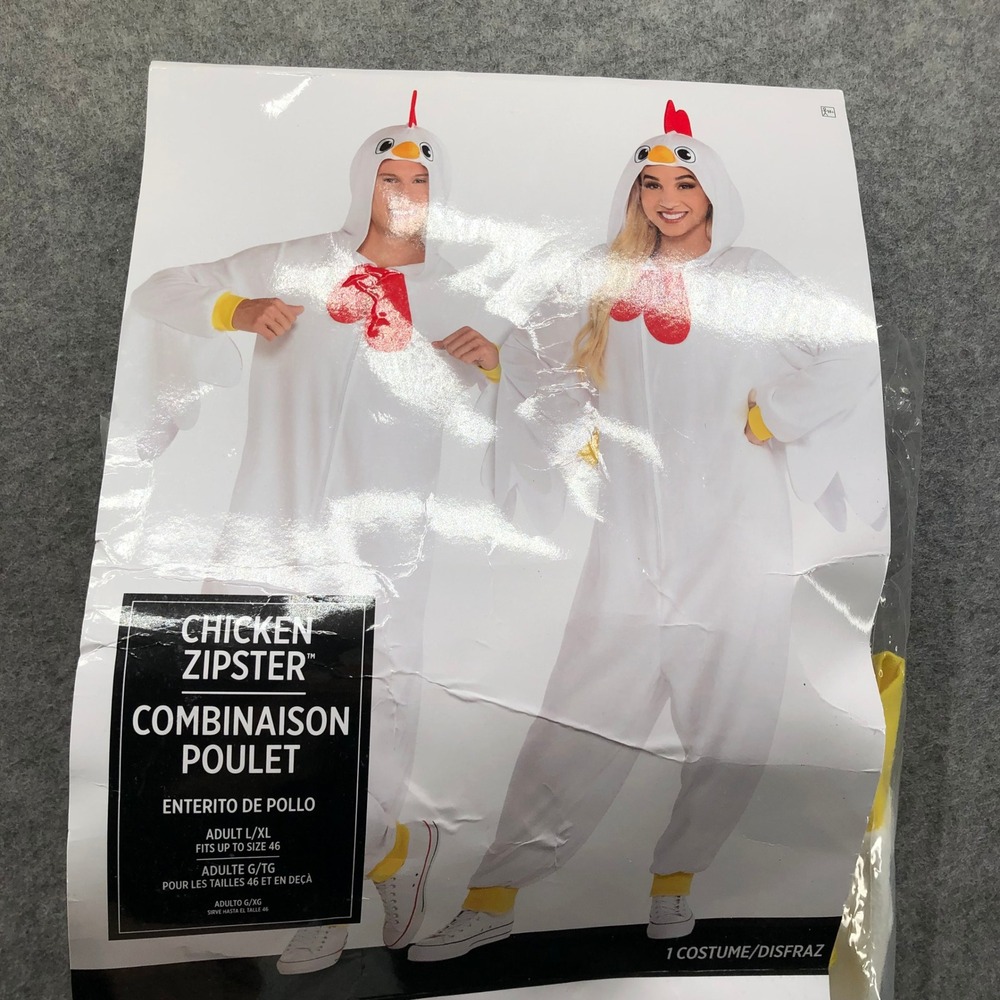 Party City Chicken Zipster Costume Jumpsuit Adults L/XL White Halloween OnePiece